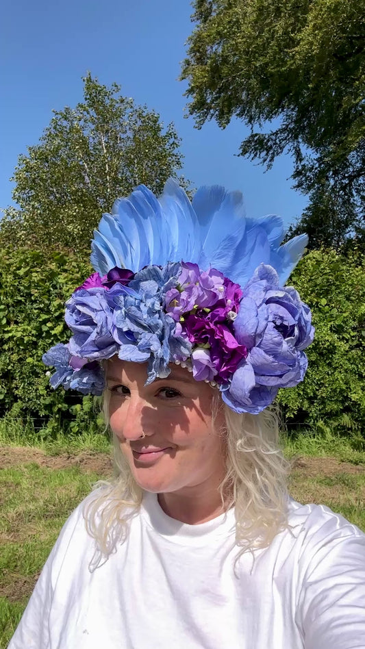 Cornflower blue flower & feather deluxe headdress