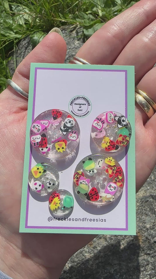 Handmade resin buttons anima glitter clear, bright, fun, round, children’s, kids, 1cm, 2cm, 20mm, 15mm, 20mm, 25mm