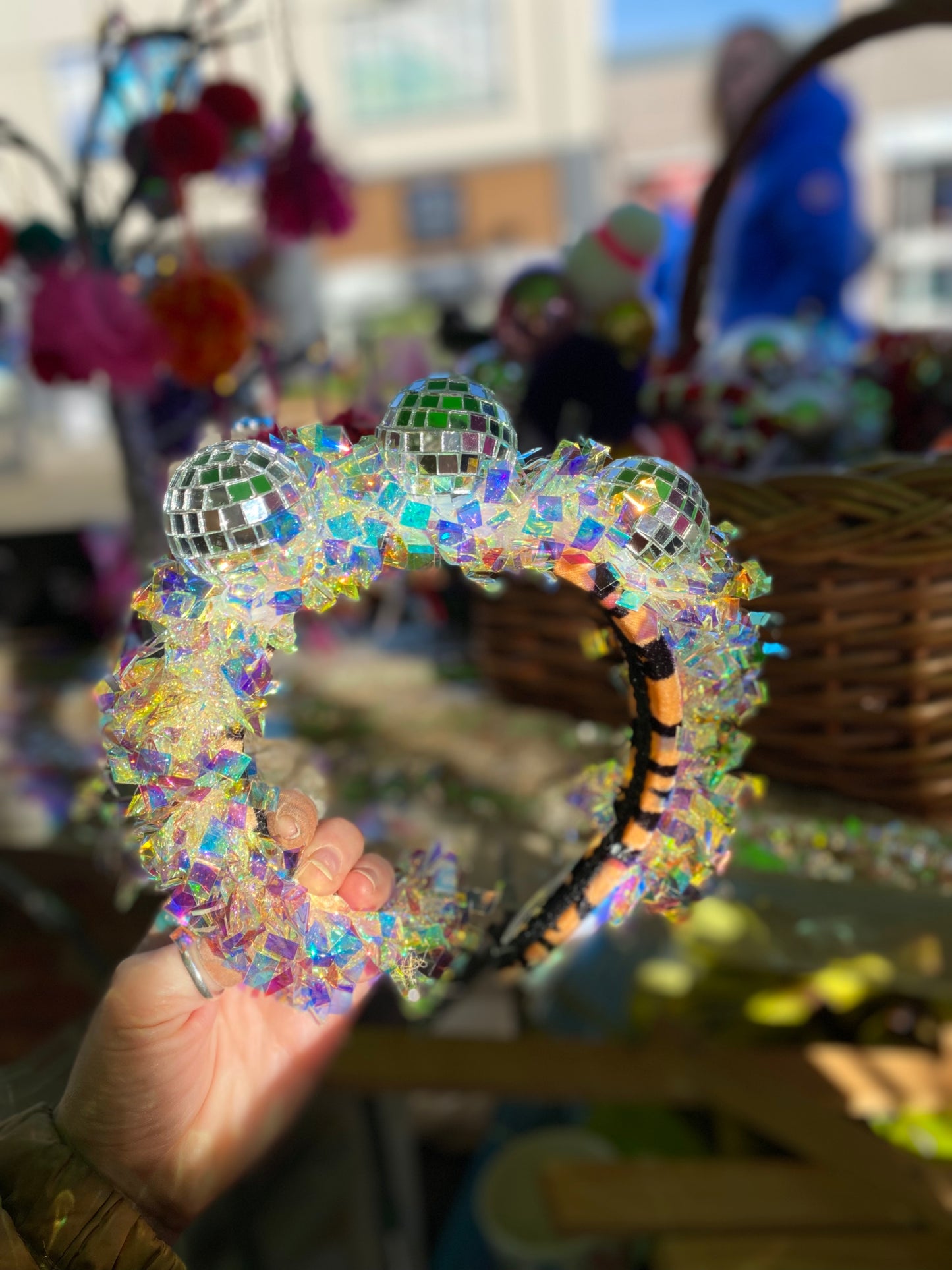 Light up disco time headband, disco balls and iridescent