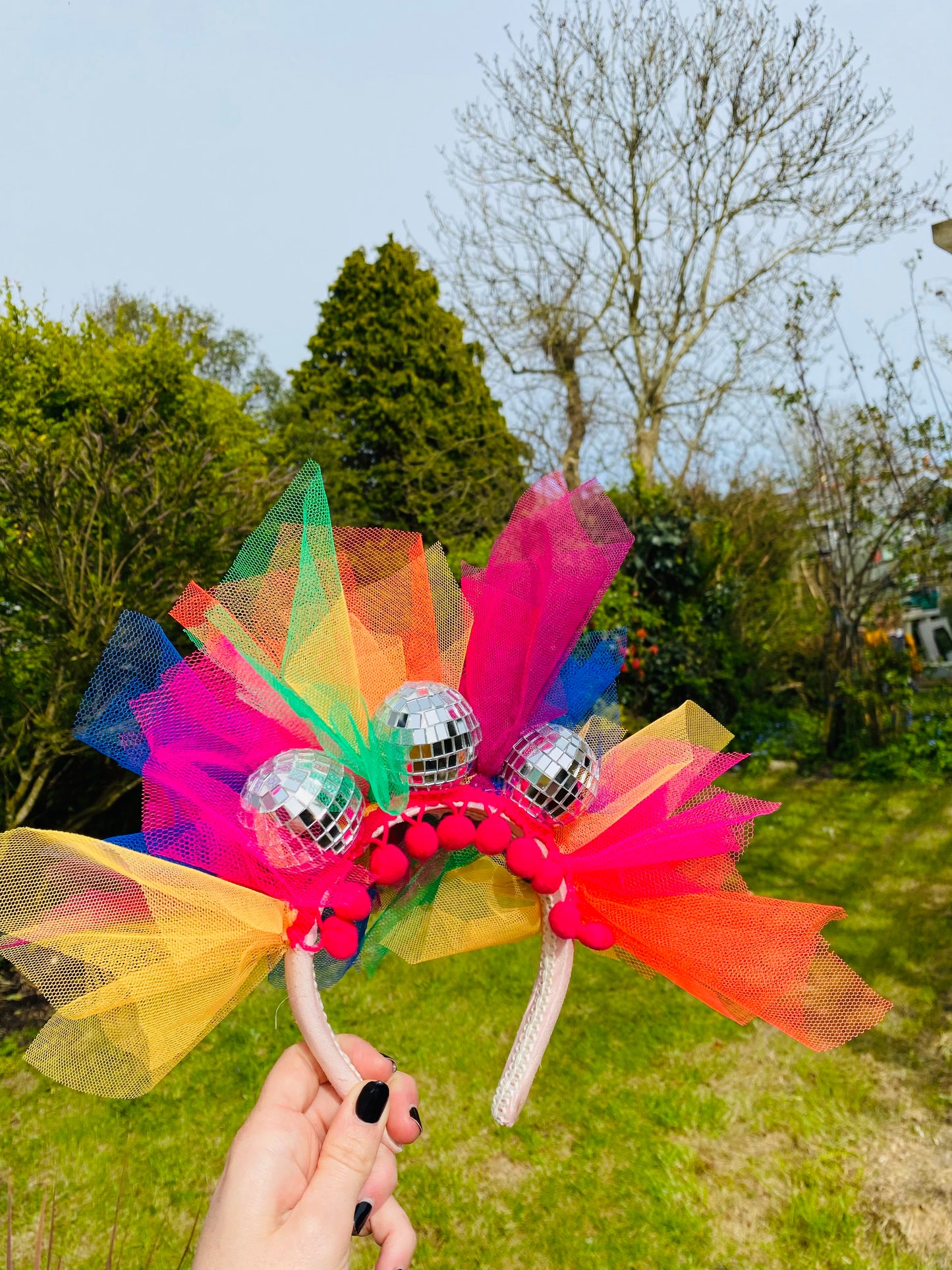 Disco ball headband with rainbow net! Multi colour, carnival, festival, hairband, head band, mirror ball, glitter ball