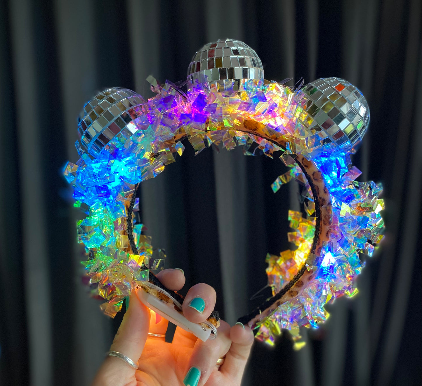 Light up disco time headband, disco balls and iridescent