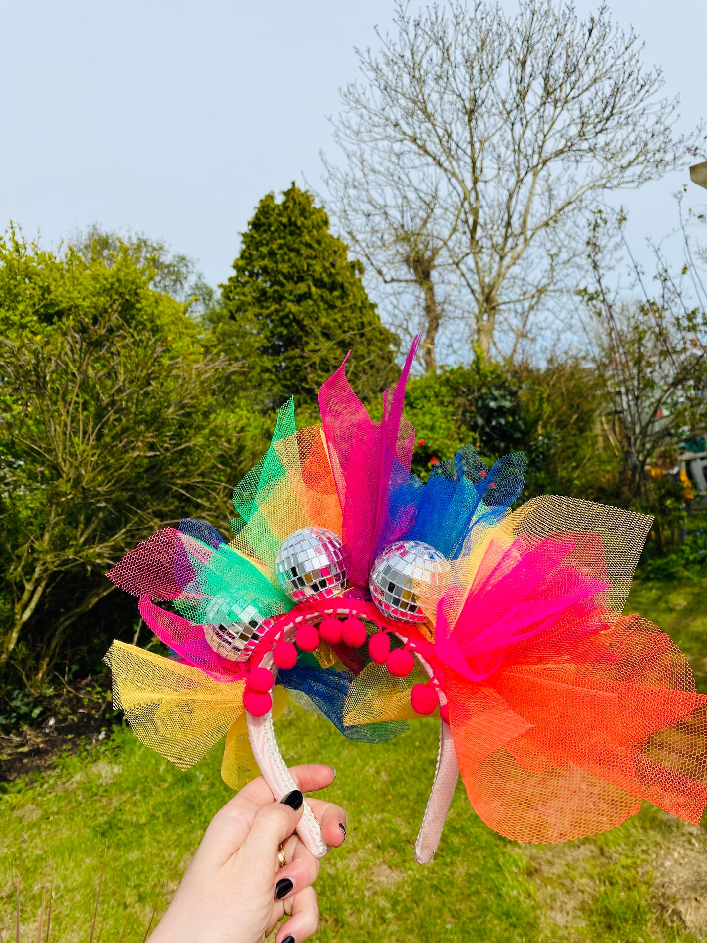 Disco ball headband with rainbow net! Multi colour, carnival, festival, hairband, head band, mirror ball, glitter ball